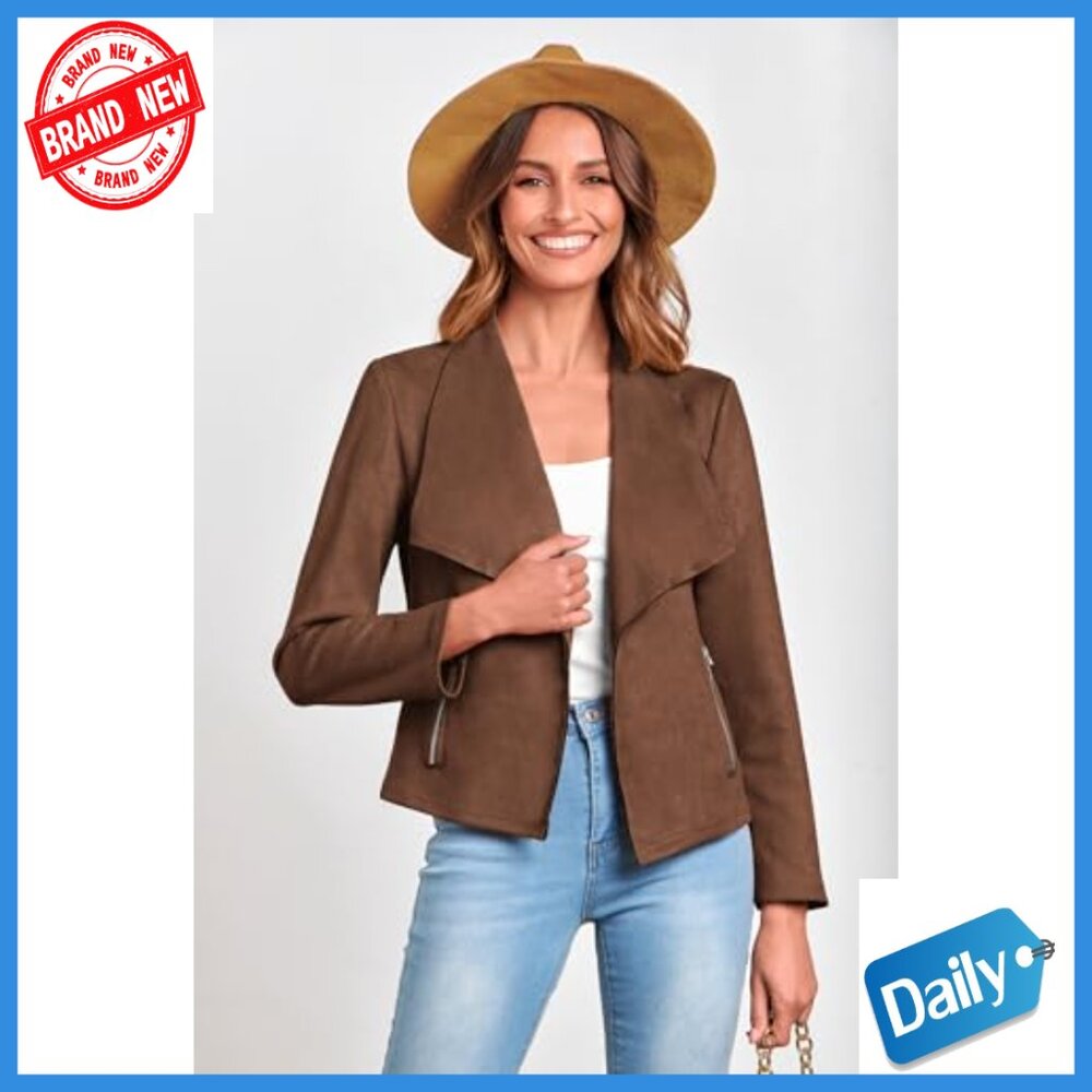 Faux Suede Cropped Jacket, Long Sleeve Open Front, Fall Winter Coat - Picture 4 of 7